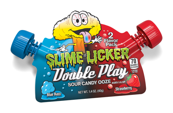 Slime Licker Double Play pouch with 2 flavors of gel candy: Blue Razz and Strawberry