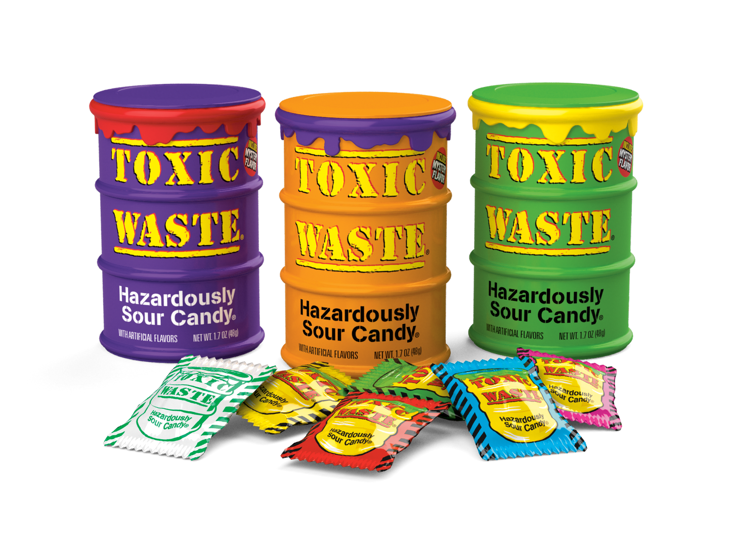 All Variations of the Toxic Waste Special Edition Drum (purple, orange and green) with candy pieces, including mystery flavor