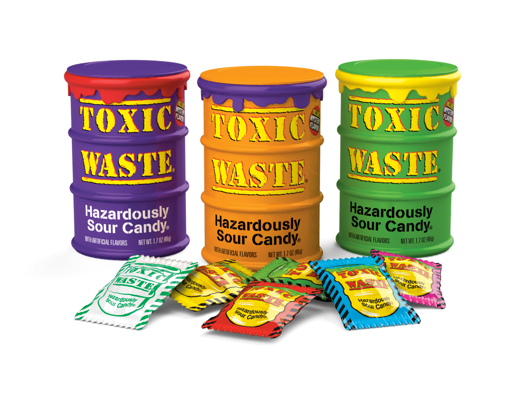 All Variations of the Toxic Waste Special Edition Drum (purple, orange and green) with candy pieces, including mystery flavor