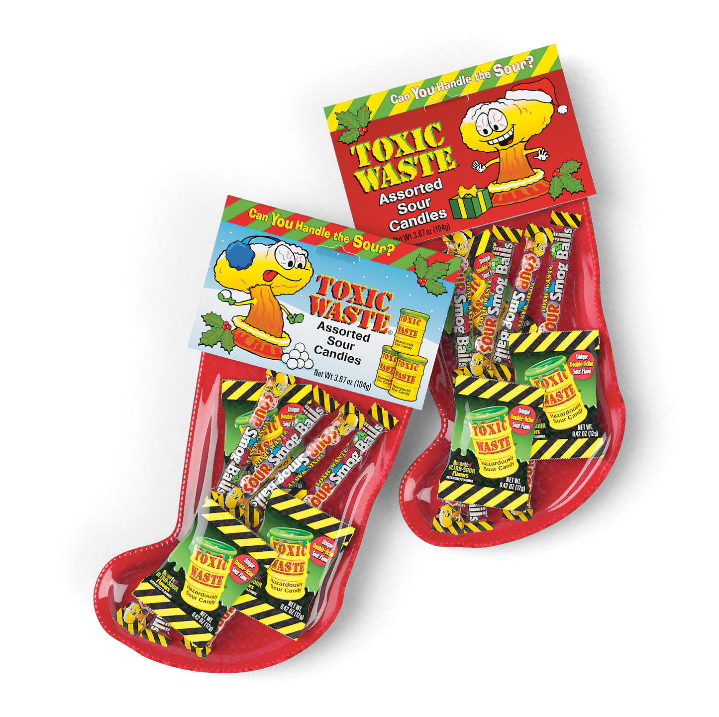 Toxic Waste Christmas Stocking filled with Toxic Waste Sour Candy and Sour Smog Balls