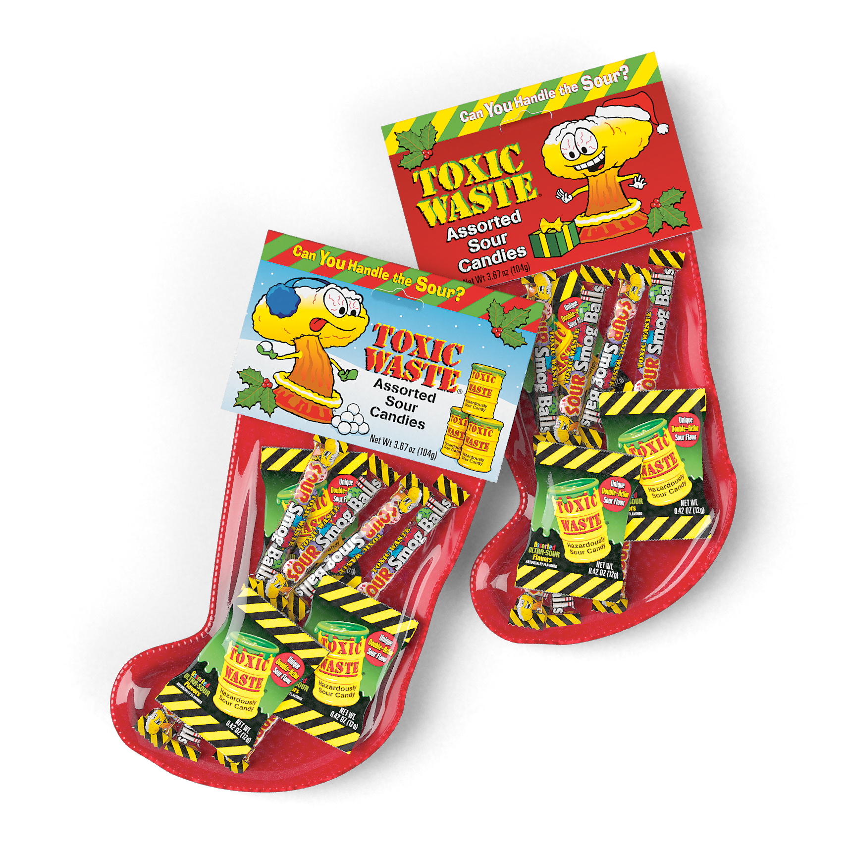 Toxic Waste Christmas Stocking filled with Toxic Waste Sour Candy and Sour Smog Balls