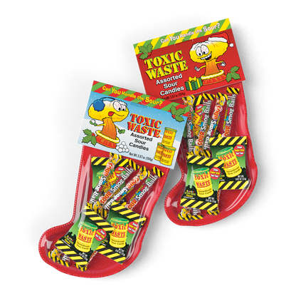 Toxic Waste Christmas Stocking filled with Toxic Waste Sour Candy and Sour Smog Balls