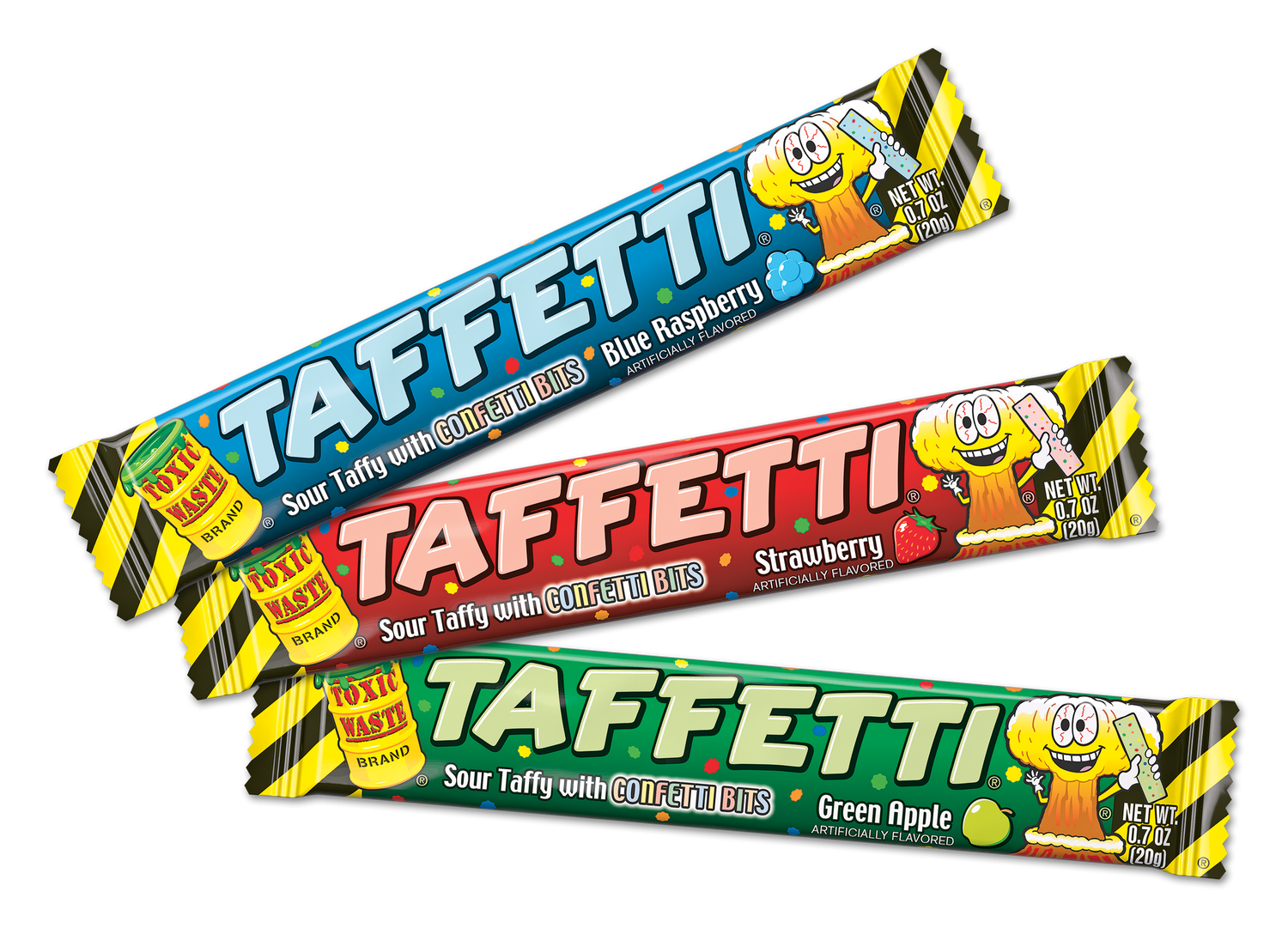 All 3 Toxic Waste Taffetti Flavors in a fan: Blue Raspberry, Strawberry and Green Apple