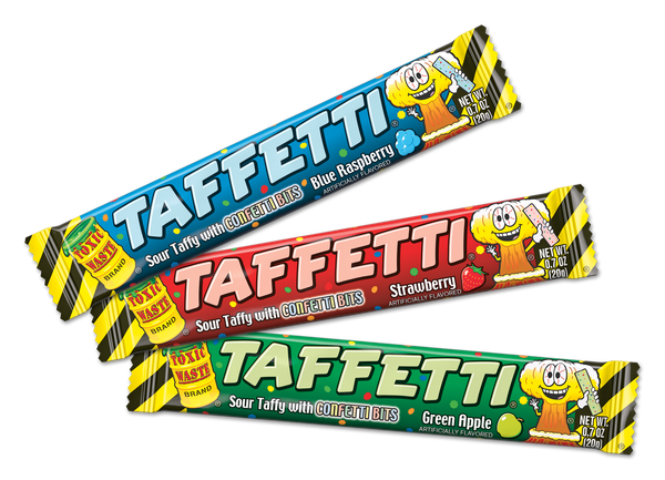 All 3 Toxic Waste Taffetti Flavors in a fan: Blue Raspberry, Strawberry and Green Apple