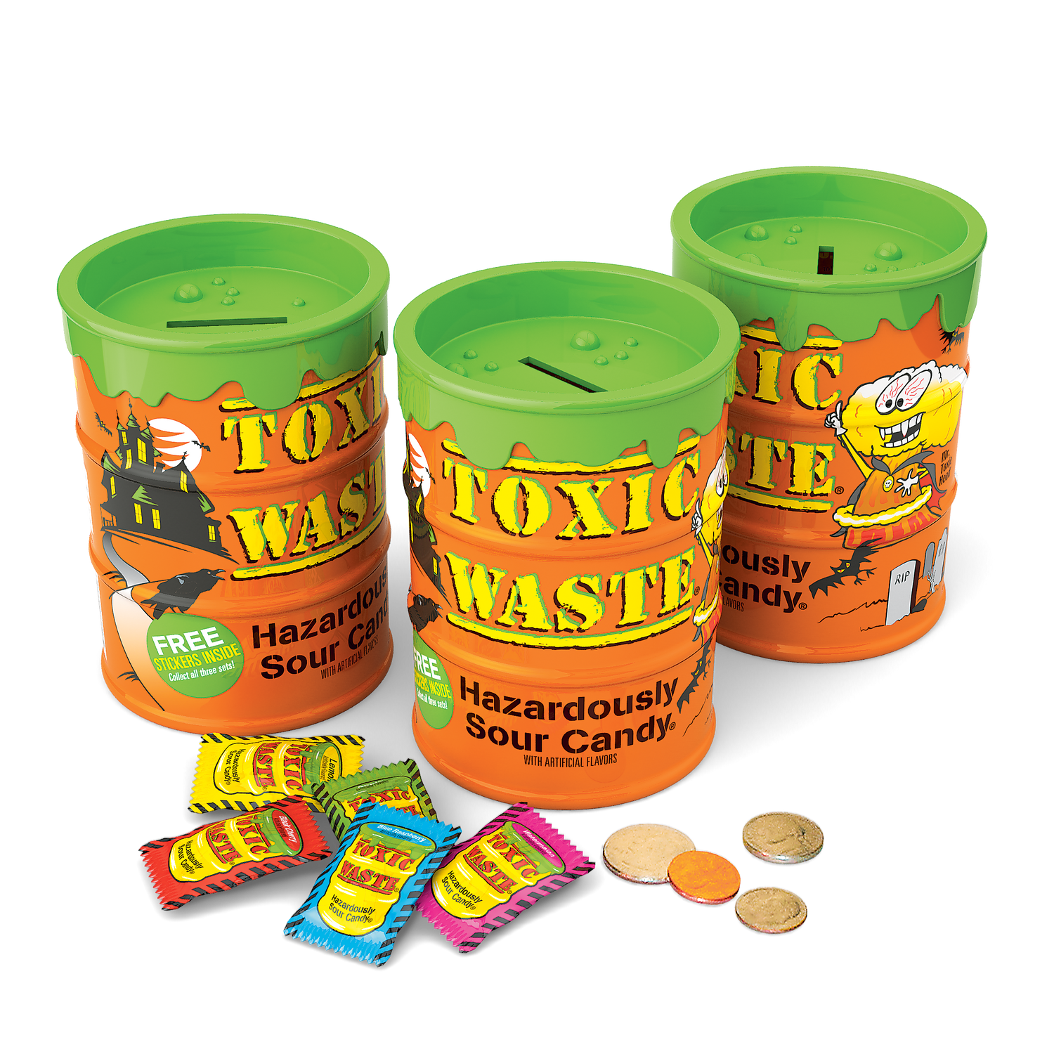 Toxic Waste Halloween Bank filled with Toxic Waste Sour Candy pieces and wrapped with Halloween imagery