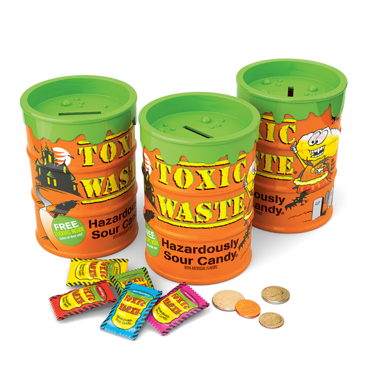 Toxic Waste Halloween Bank filled with Toxic Waste Sour Candy pieces and wrapped with Halloween imagery