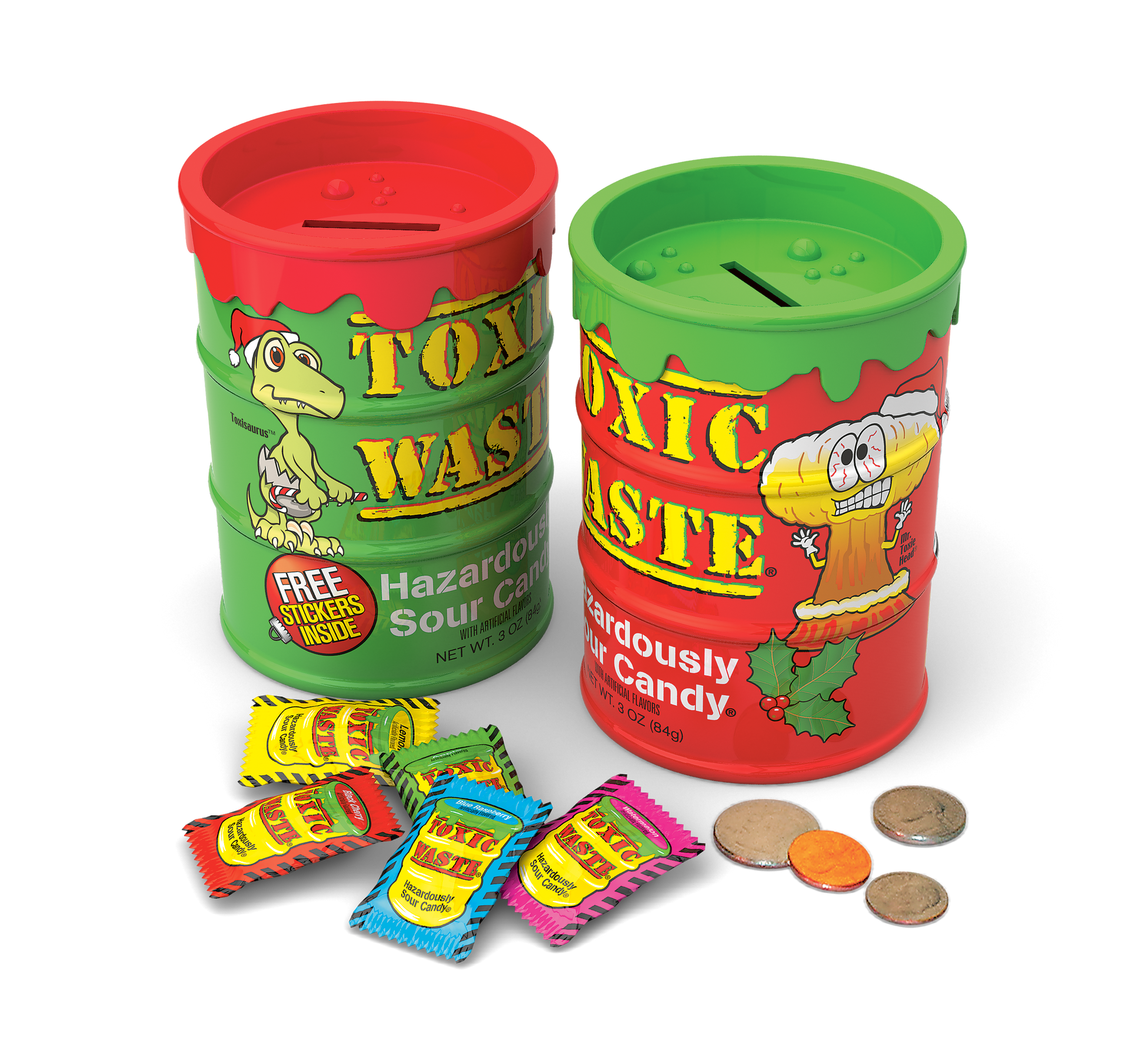 Toxic Waste Holiday Bank filled with Toxic Waste Sour Candy pieces and stickers