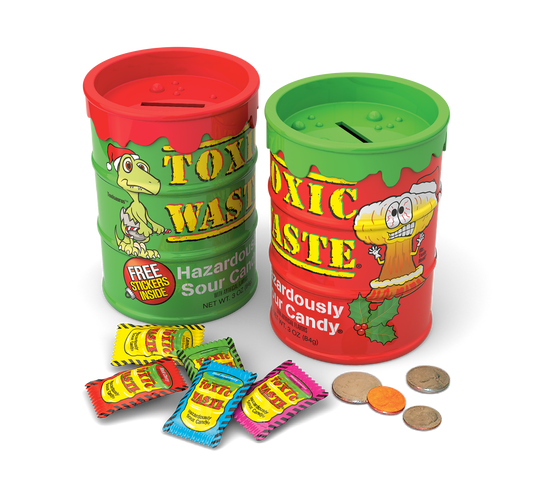Toxic Waste Holiday Bank filled with Toxic Waste Sour Candy pieces and stickers