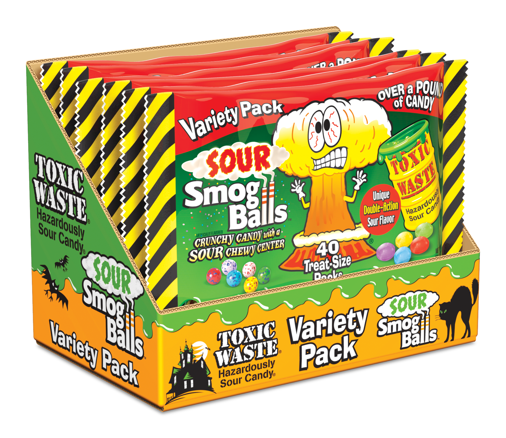 Toxic Waste Halloween Variety Pack Display includes Toxic Waste Sour Candy and Sour Smog Balls