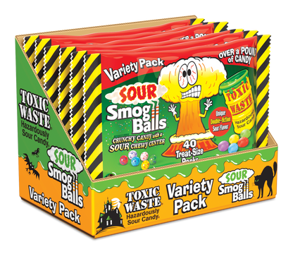 Toxic Waste Halloween Variety Pack Display includes Toxic Waste Sour Candy and Sour Smog Balls