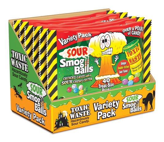 Toxic Waste Halloween Variety Pack Display includes Toxic Waste Sour Candy and Sour Smog Balls