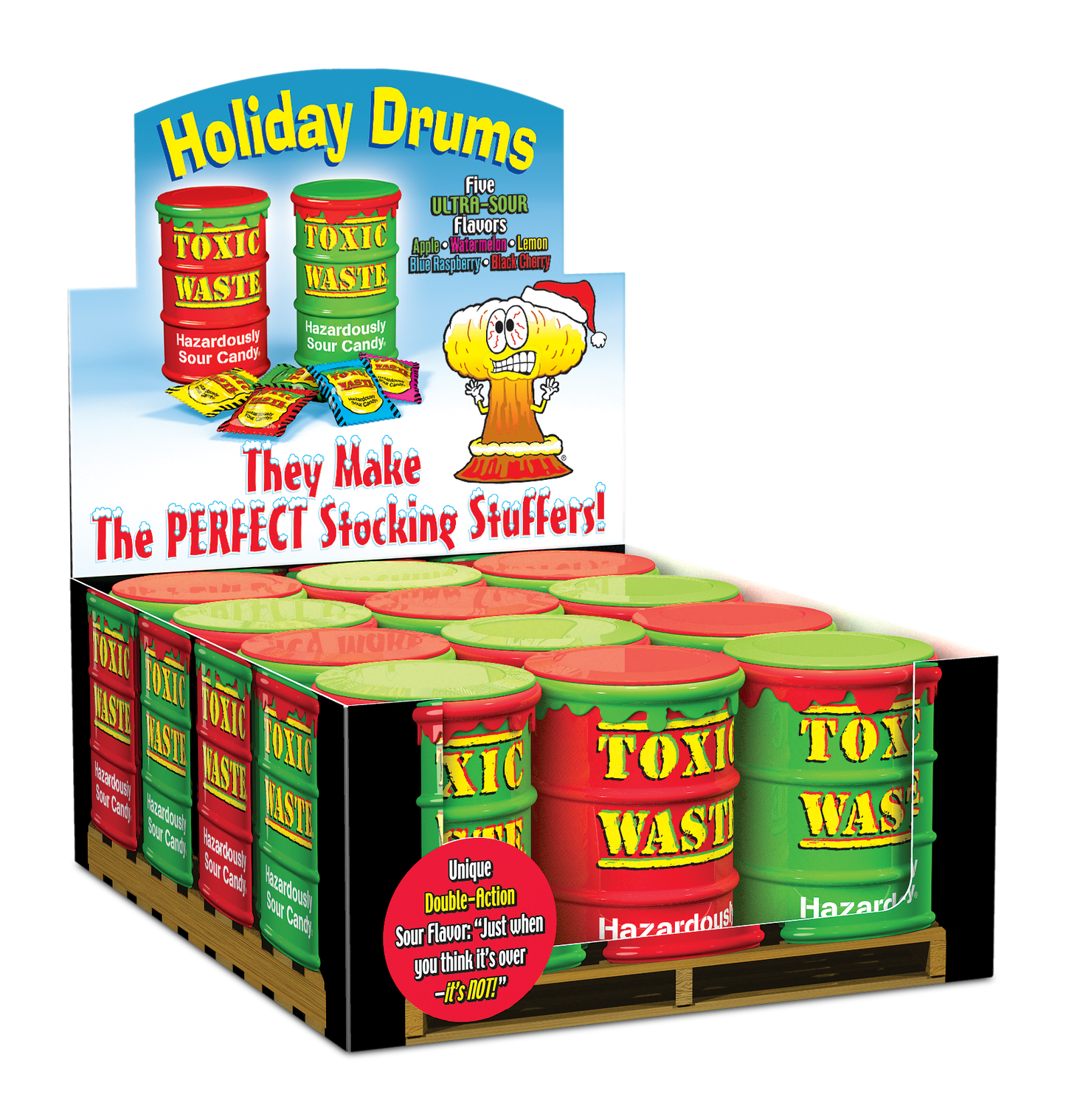 Toxic Waste Holiday Drum Display of red and green drums