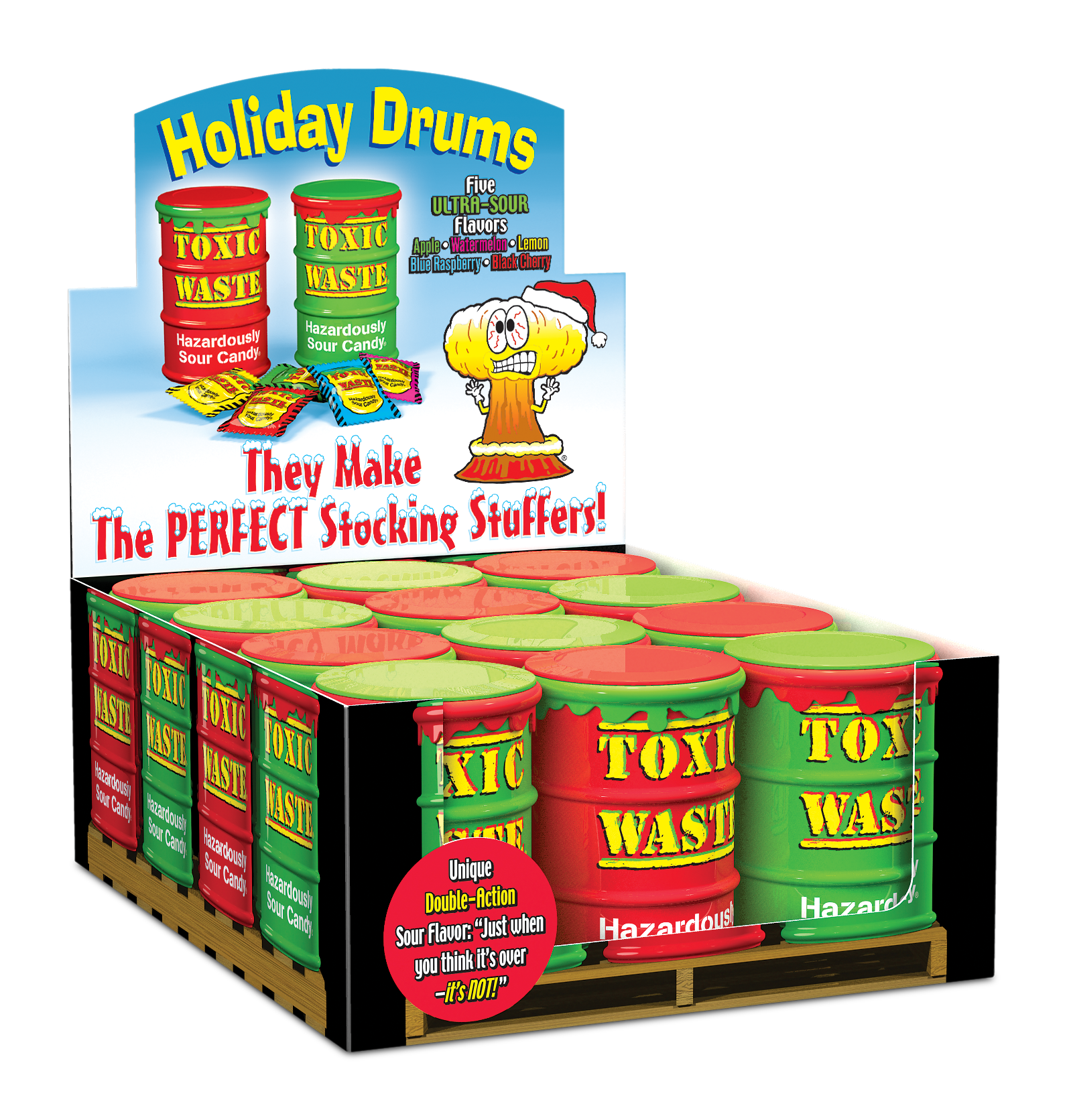 Toxic Waste Holiday Drum Display of red and green drums