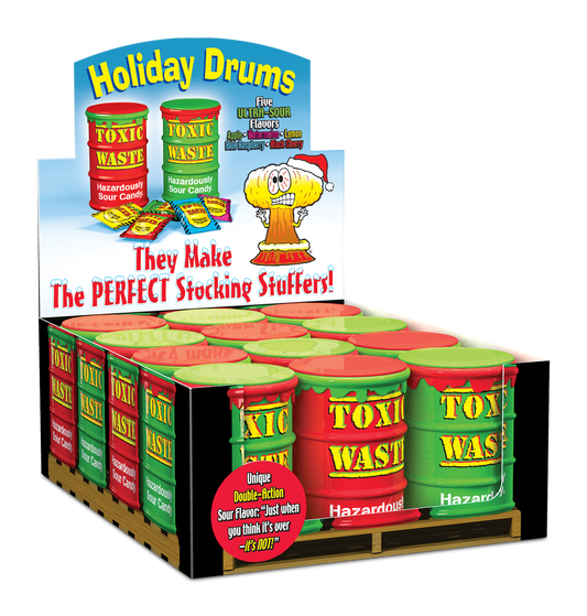 Toxic Waste Holiday Drum Display of red and green drums