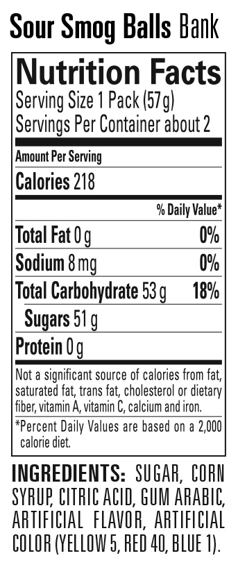 Nutritional Information for Sour Smog Balls Bank